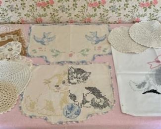 REDUCED!  $22.50 NOW, WAS $30.00..................Vintage hand stitched doilies and linens (P703)