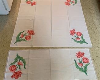 CLEARANCE!  $10.00 NOW, WAS $30.00..................Hand Stitched Tablecloth and Runner, Beautifully done (P470)