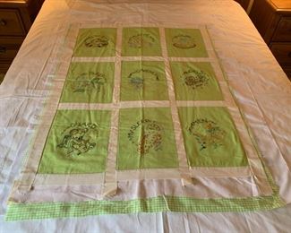 REDUCED!  $60.00 NOW, WAS $80.00..................Hand Embroidered Baby Quilt Topper, adorable!  Backing included ready to be finished  40" x 32" (P439)