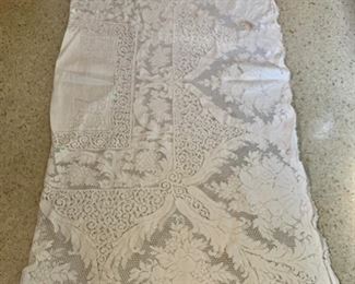 CLEARANCE!   $4.00 NOW, WAS $12.00..................62" x 61" Quaker lace Tablecloth, small stains (P364)