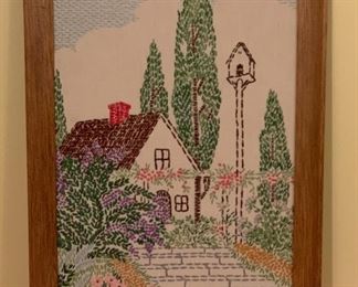 CLEARANCE !  $6.00 NOW, WAS $20.00..................Hand Stitched Cottage Picture 15" x 20" (P595)