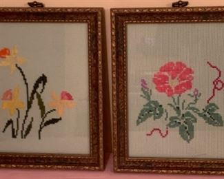 CLEARANCE !  $4.00 NOW, WAS $12.00..................Pair Hand Stitched Floral Pictures (P590)