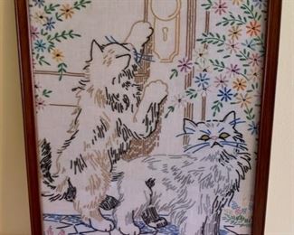 CLEARANCE !  $8.00 NOW, WAS $24.00..................Embroidered Kitty Picture 14 1/2" x 19" (P509)