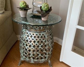 Metal Rattan Style Footed Side Table with Glass Top
