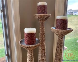 PALECEK Floor Standing  Wicker Pillar Candle Holders