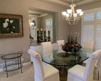 Beveled Glass Topped Oval Dining Room Table with Double Urn Base with Custom Upholstered Chairs