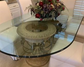 Beveled Glass Topped Oval Dining Room Table with Double Urn Base with Custom Upholstered Chairs