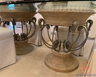 Beveled Glass Topped Oval Dining Room Table with Double Urn Base with Custom Upholstered Chairs