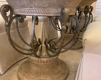 Beveled Glass Topped Oval Dining Room Table with Double Urn Base with Custom Upholstered Chairs