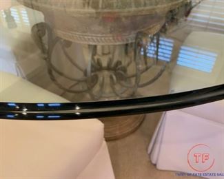 Beveled Glass Topped Oval Dining Room Table with Double Urn Base with Custom Upholstered Chairs