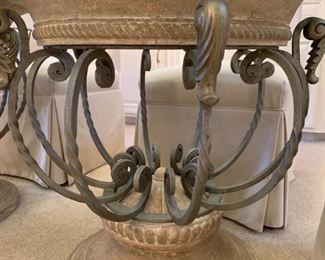 Beveled Glass Topped Oval Dining Room Table with Double Urn Base with Custom Upholstered Chairs