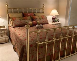 Vintage Brass King Size Bed with Polished Stone Accents