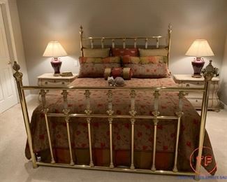 Vintage Brass King Size Bed with Polished Stone Accents