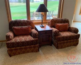 Oversized Sitting Chairs by CENTURY with Wood Cabinet Side Table by BOB TIMBERLAKE for Lexington
