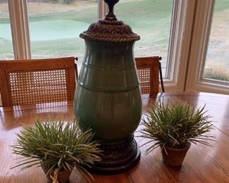 Large Ceramic and Metal Vase with Finial Acorn Lid - Decorative Faux Plants