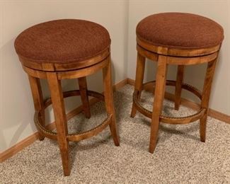 PAIR - Swivel Wood Bar Stools with Studded Foot Rest