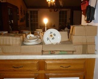 Set of vintage dishes, never removed from the boxes..cool retro pattern!