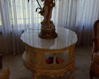 Funky Hollywood Regency table lamp $275. Marble top end table $175