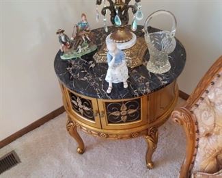 Marble top gold Gilt Barrel table $250