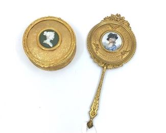 French Ladies  Bronze  Hand mirror w/Hand Painted miniature  $390.00  Bronze  Box with jasperware cameo $210.00