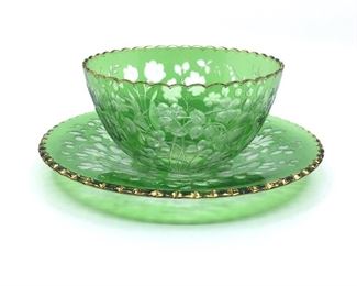 Green Cut to Clear & Engraved  Bowl w/Underplate