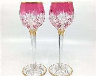 Cranberry Cut to Clear w/Gilt Tall Wine Goblets Service for 11