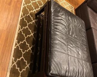 POTTERY BARN AREA RUG & ARAHAUS LEATHER & WOOD OTTOMAN