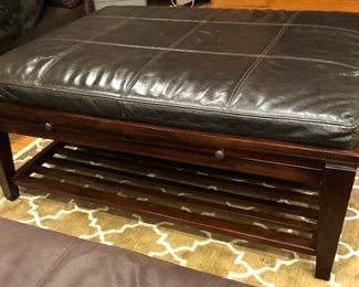 ARAHAUS LEATHER & WOOD OTTOMAN, w/PULLOUTS & LOWER SHELF, $275.