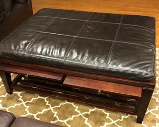 ARAHAUS LEATHER & WOOD OTTOMAN, w/PULLOUTS & LOWER SHELF, $275.