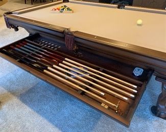 AMINI'S POOL TABLE, GOLDEN WEST OXFORD, w/HIDDEN CUE STORAGE DRAWER. $1500.