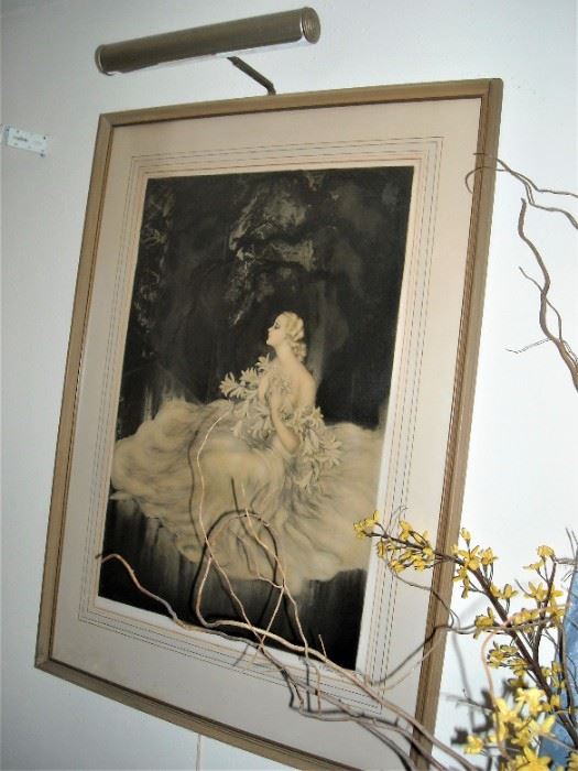 Original color etching signed and stamped by Louis Icart.  "Les Lillies"  Lady of the Lillies.  Large with original frame.
