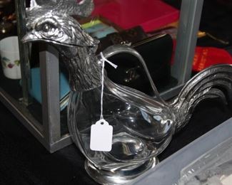 antique pewter/crystal Rooster pitcher