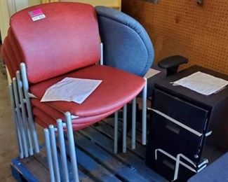 (4) Red Chairs, 1 Blue Chair, 1 File Cabinet