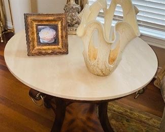 $450 FIRM ( NO DISCOUNT) ROUND LIMESTONE TOP SIDE TABLE 
RETAIL $1512
34”DIA x 30”H