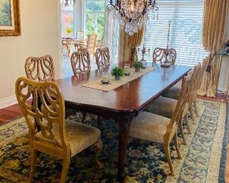 $4,200 HENREDON FORMAL DINING TABLE WITH 8 CENTURY LIGHT OAK CHAIRS 
RETAIL TABLE $4900
RETAIL CHAIRS $925 EACH
TABLE MEASURES 
92.5”L x 52.5”W x 30”H
COMES WITH TWO 22” LEAVES AND CUSTOM PADS
CHAIR MEASURES 
19”D x 22.5”W x 40.5”H