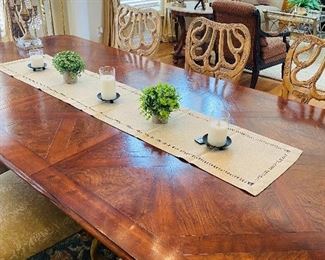 $4,200 HENREDON FORMAL DINING TABLE WITH 8 CENTURY LIGHT OAK CHAIRS 
RETAIL TABLE $4900
RETAIL CHAIRS $925 EACH
TABLE MEASURES 
92.5”L x 52.5”W x 30”H
COMES WITH TWO 22” LEAVES AND CUSTOM PADS
CHAIR MEASURES 
19”D x 22.5”W x 40.5”H