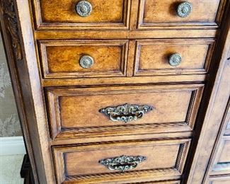 $4,100 CENTURY KING SIZE BEDROOM SET
RETAIL $16,000                                                                                         2 BOMBAY CHESTS / NIGHTSTANDS
48”L x 22”D x 34.5”H
TALL DRESSER CHEST / 10 DRAWER
71”L x 23.5”W x 48”H 
KING SIZE BED ( MATTRESS NOT INCLUDED)
87”L x 82”W x 64”H 