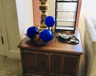 Pr. End Tables $100. Pr. Tall Asian Lamps $80 Floats SOLD, Metal Cabinet SOLD
