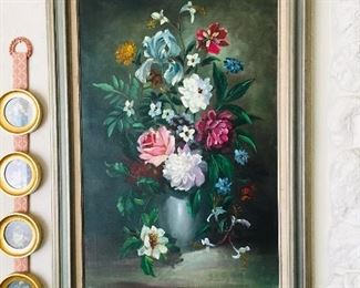 Large Framed Floral Painting $100, Round Gold Frames SOLD