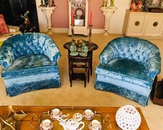 Pr. Blue Club Chairs, seat foam has hardened. $200, Nesting Tables SOLD, Pr. Asian FIgurines SOLD