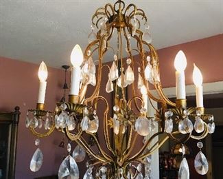 Large Vintage Gold Metal Chandelier with Prisms, Dining Room, $400