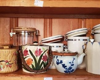 Mixed lot of Japanese biscuits barrels and assorted kitchen canisters.
