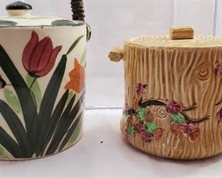 2 Vintage Japanese pottery biscuits barrels.