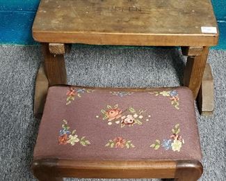 Pair of antique stools needlepoint seat and "HELEN" carved into the seat .
