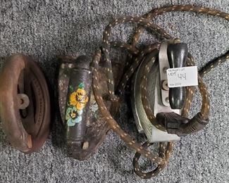 3 vintage & antique irons , sad iron early 20th century electric iron , hand painted decoration