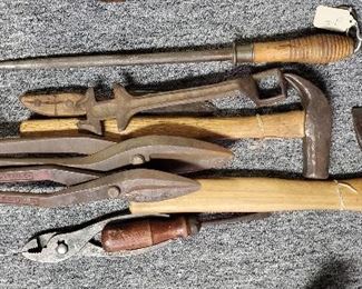 Mixed lot of antique tools sheet metal snips, hatchet