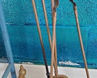 Antique brass fireplace fender , spade , log holder, poker