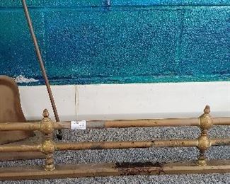 Antique brass fireplace set , fender , spade , poker, log holder