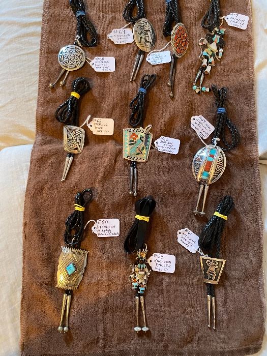 Large selection of Silver and Turquoise Bolos.
