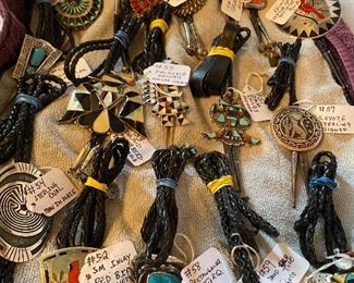 Large selection of Silver and Turquoise Bolos.